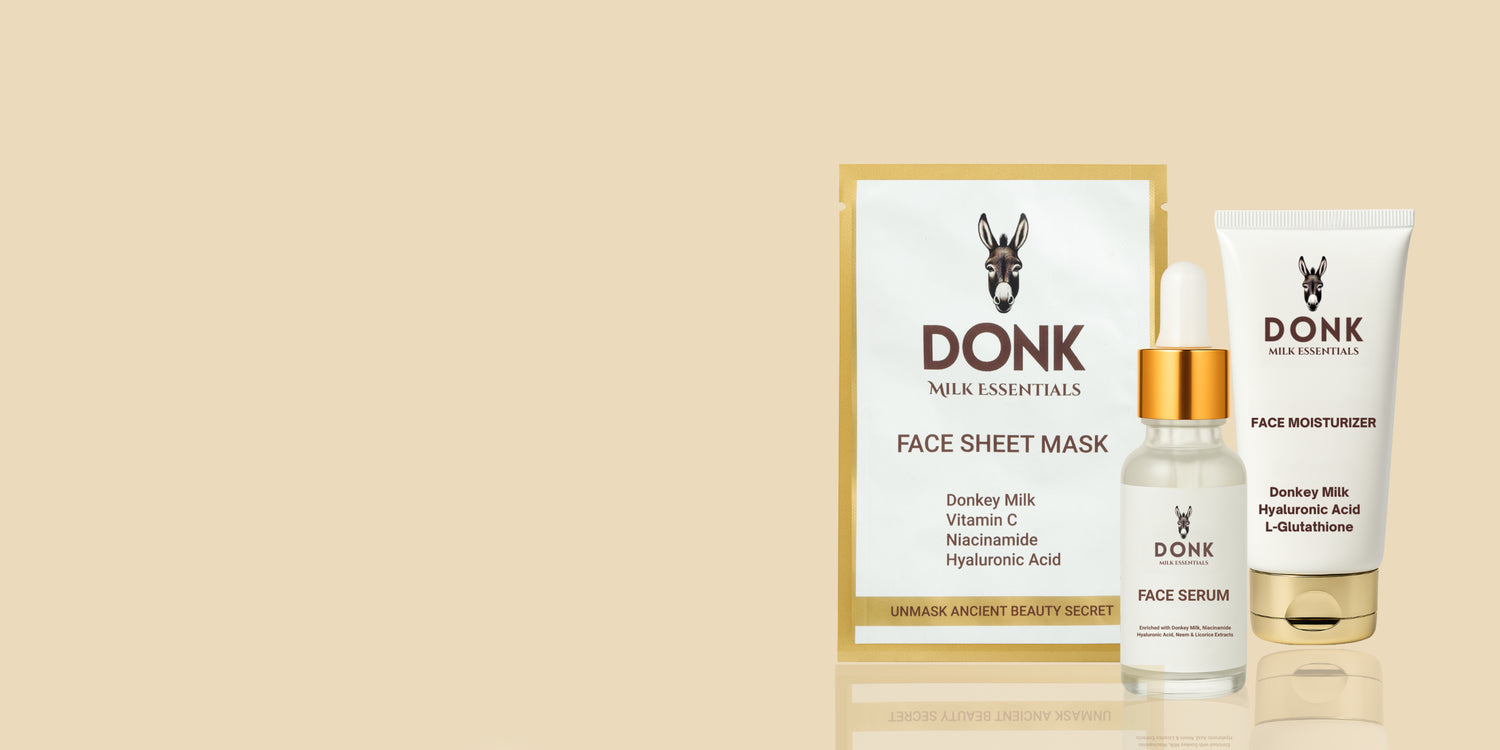 DONK Milk Essentials skincare set featuring face sheet mask, serum, and moisturizer with donkey milk, vitamin C, niacinamide, hyaluronic acid, and L-glutathione 
