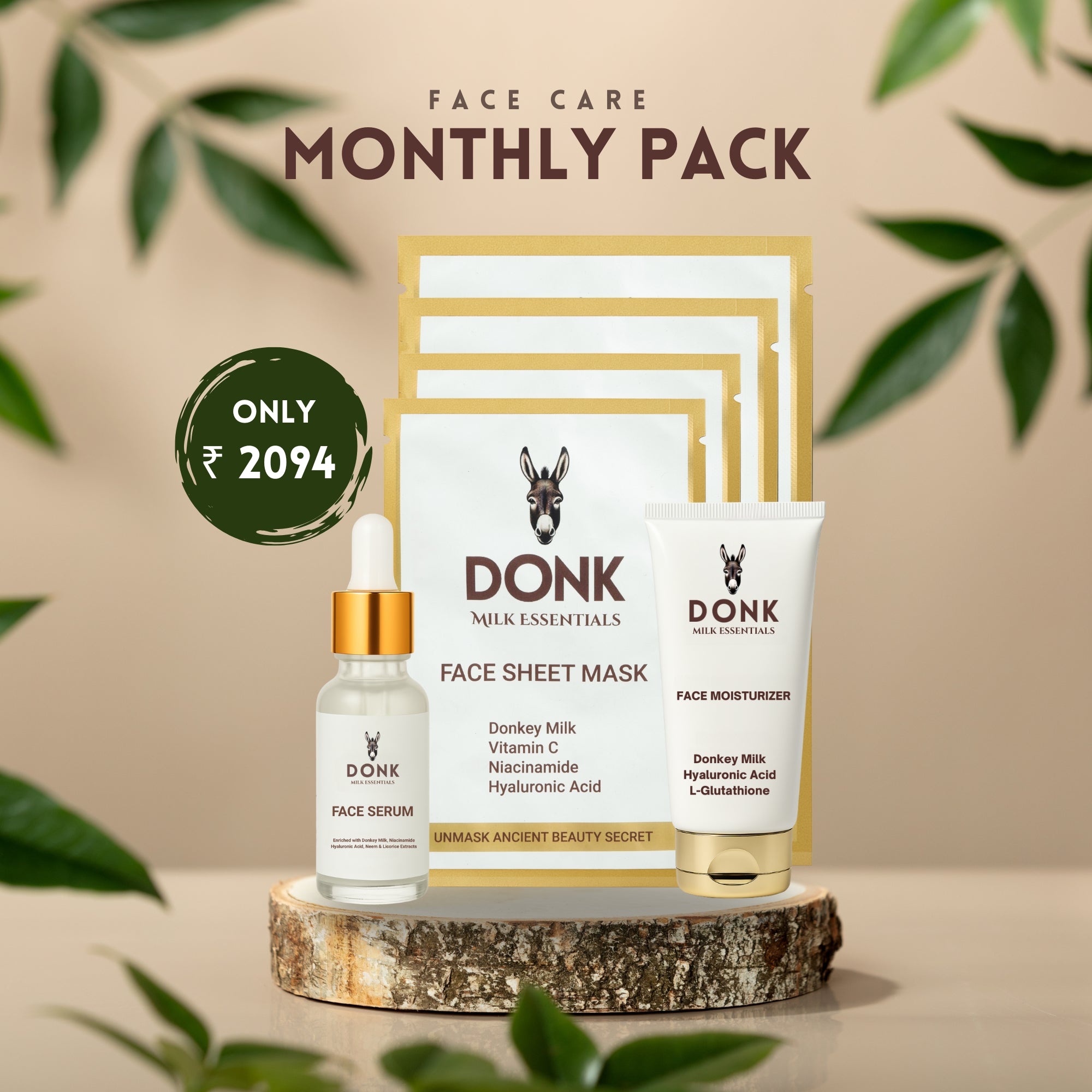 DONK Milk Essentials face care monthly pack featuring sheet masks, face serum, and moisturizer with donkey milk, vitamin C, niacinamide, hyaluronic acid, and L-glutathione – skincare set priced at ₹2094, displayed with natural background.