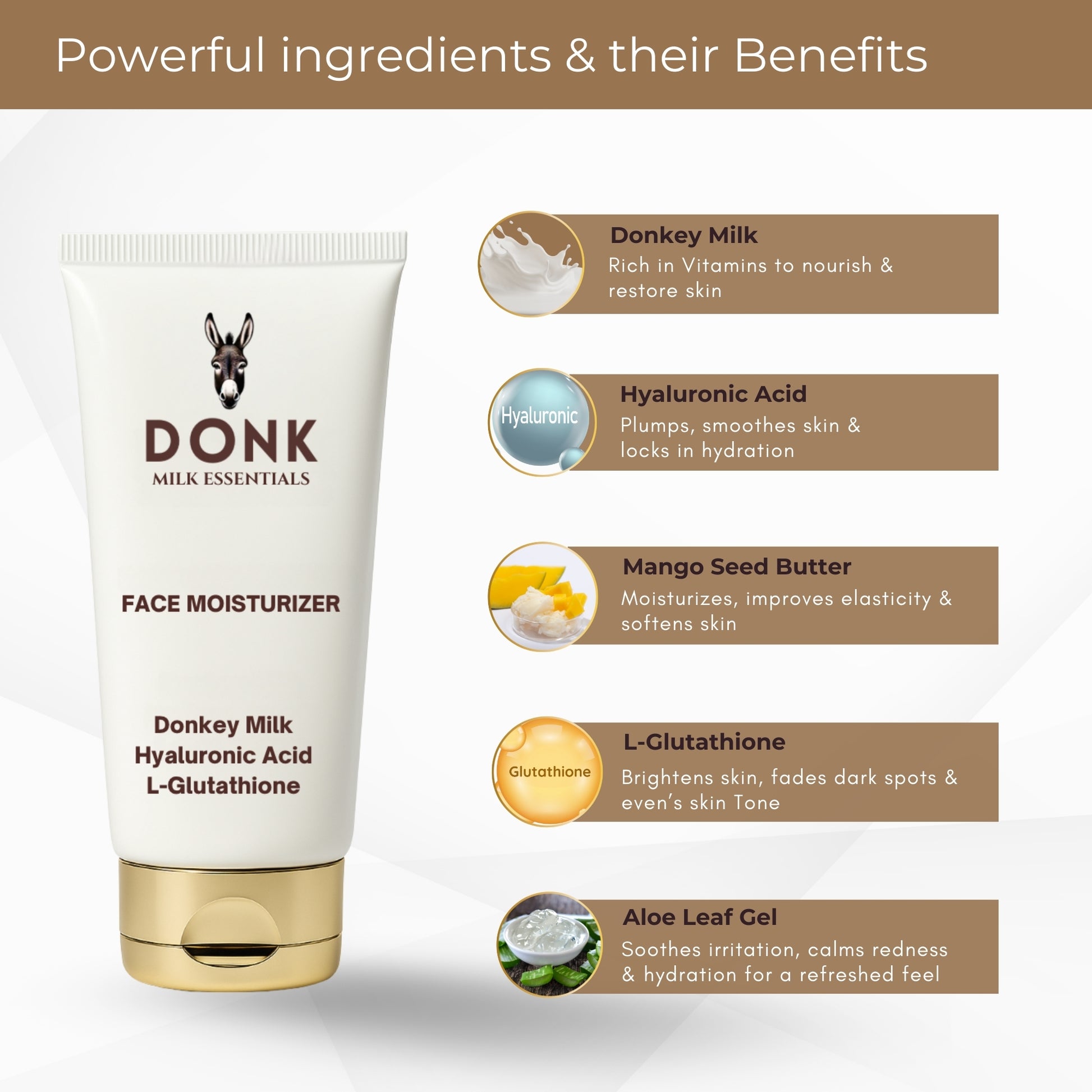 DONK Milk Essentials face moisturizer featuring powerful ingredients like donkey milk, hyaluronic acid, mango seed butter, L-glutathione, and aloe leaf gel – benefits include deep hydration, skin brightening, nourishment, and soothing properties for healthy, glowing skin.